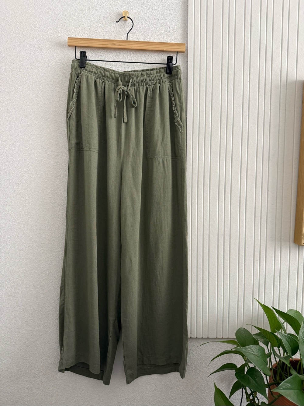 Olive Green Wide Leg Linen Pants with Drawstring and Pockets